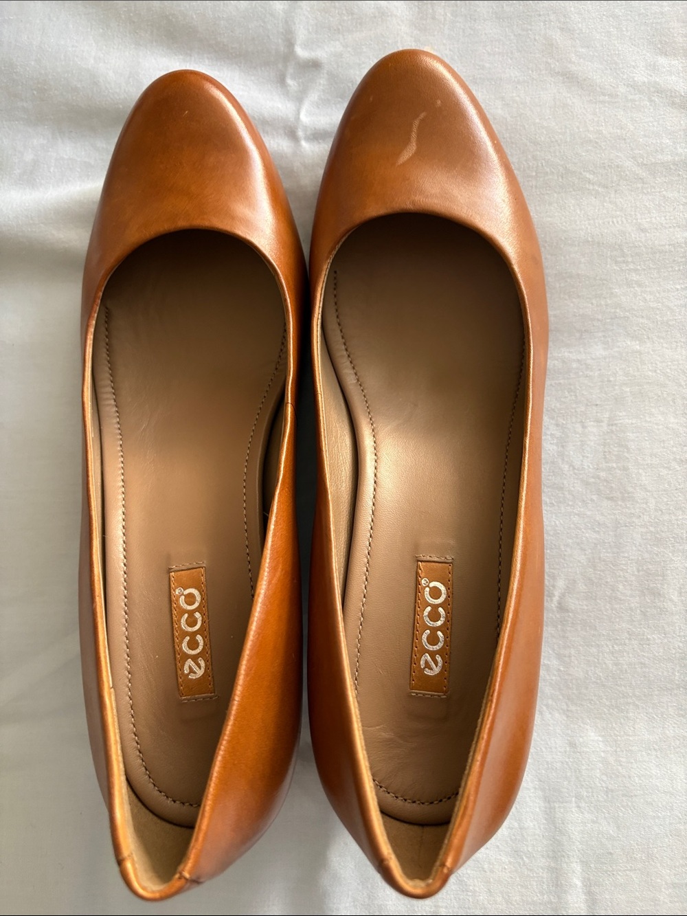 ECCO Women’s Leather Almond Toe High Heel Wedge PUMPS in cognac/caramel color